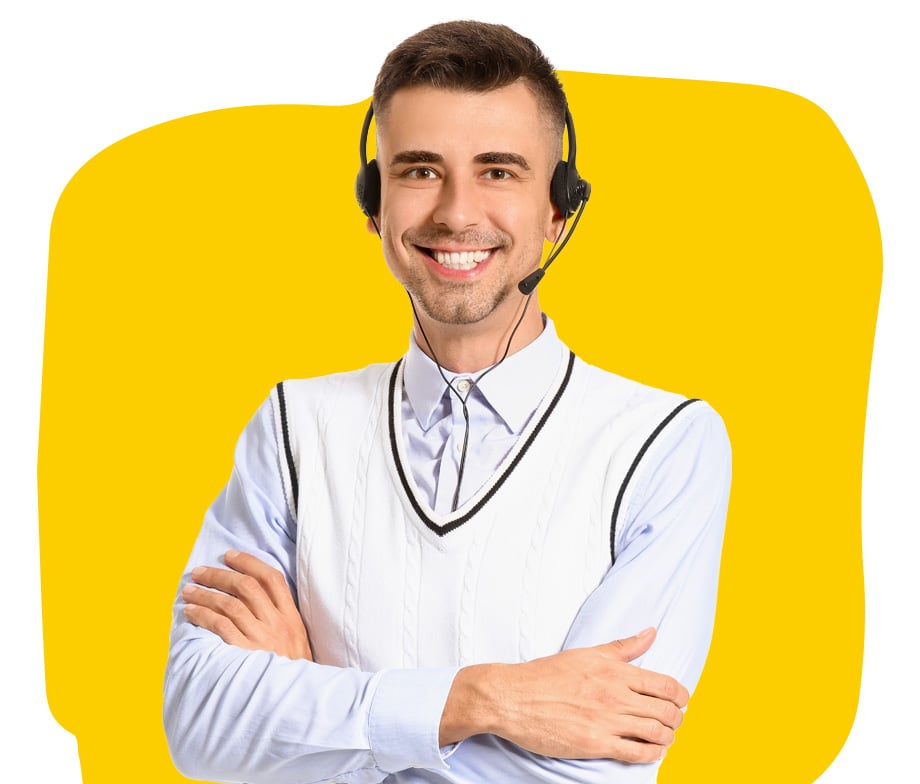 Albanian interpreter confidently smiling wearing a headset with crossed arms