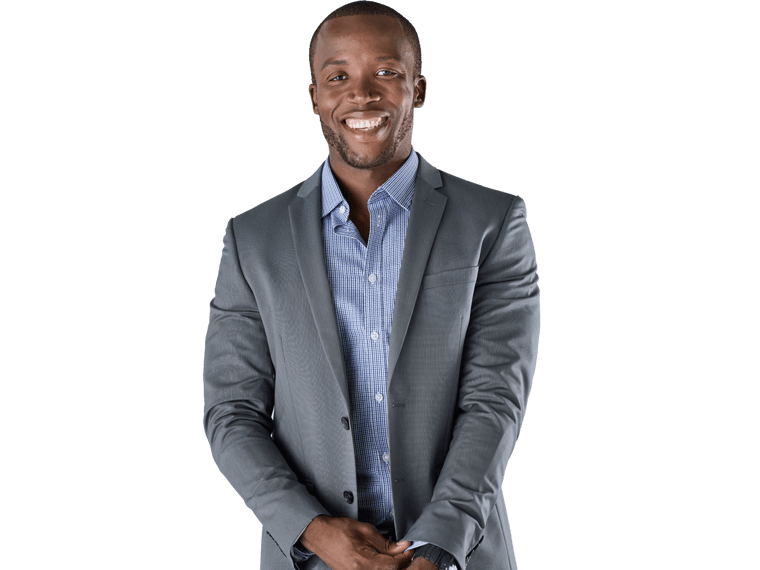 Amharic translation services UK, professional in a smart formal suit and smiling
