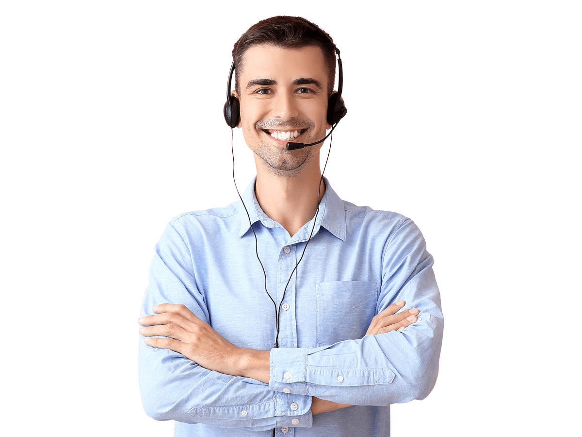 spanish  interpreting services, An young man wearing blue shirt working as a call centre executive smiling and posing camera