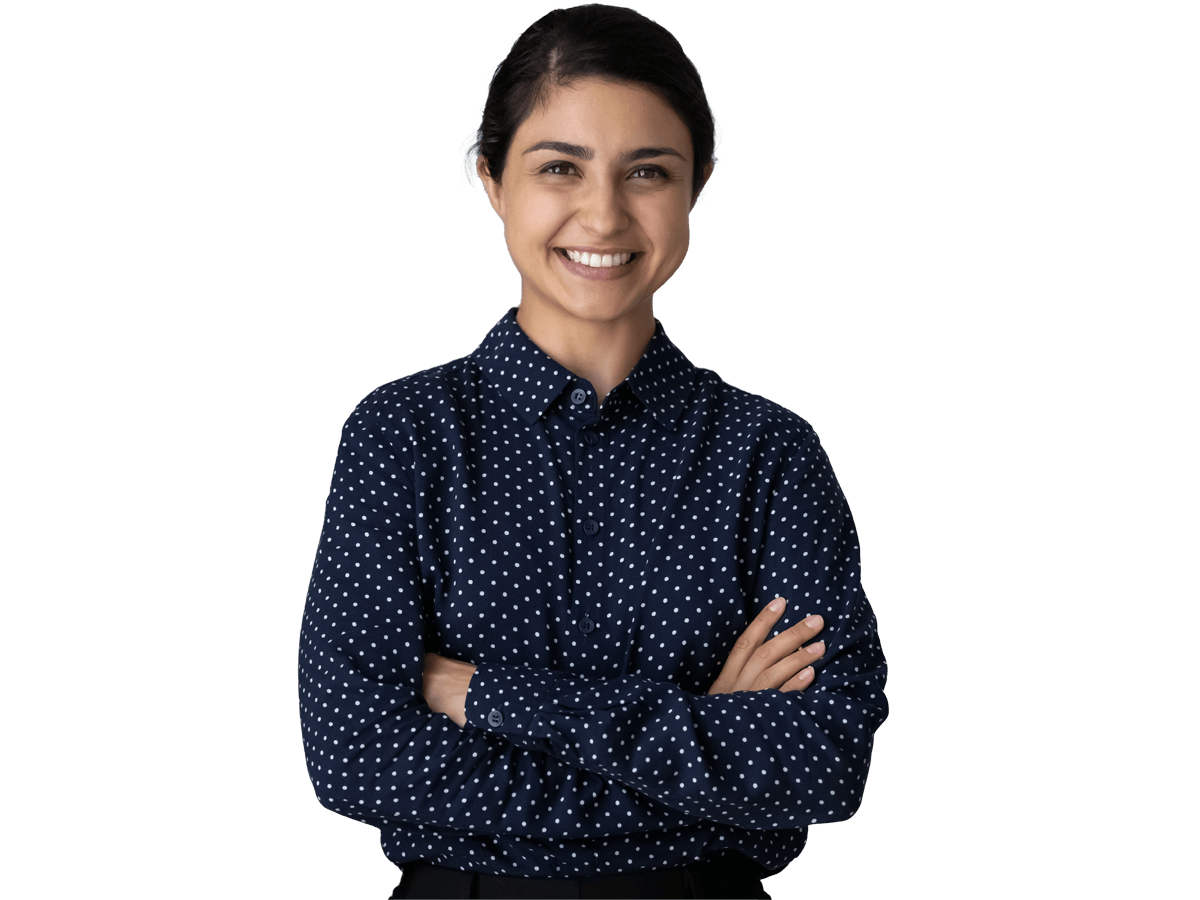 Assamese translation services, smiling young Indian woman with arms crossed standing on grey studio background