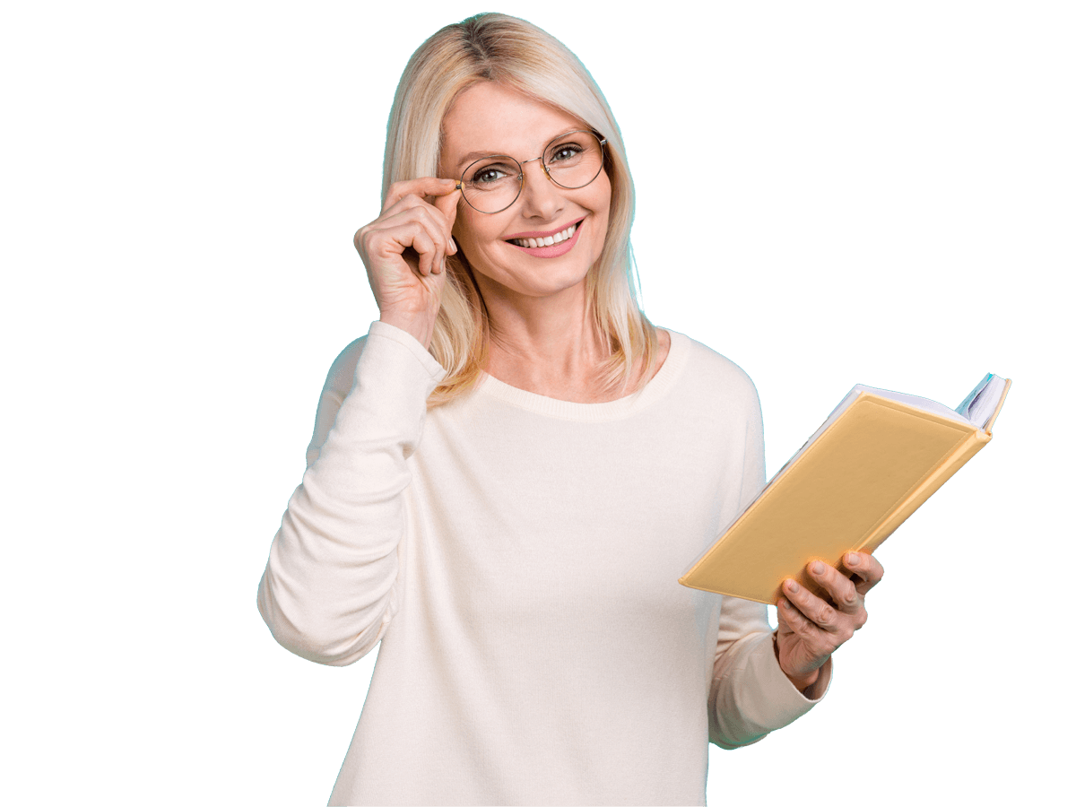 Book translation service, Photo of optimistic pensioner woman blonde hair wear white shirt hold new encyclopaedia