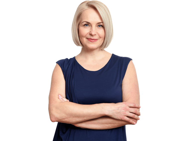 Bulgarian transcription services, Attractive middle aged woman with folded arms on grey background