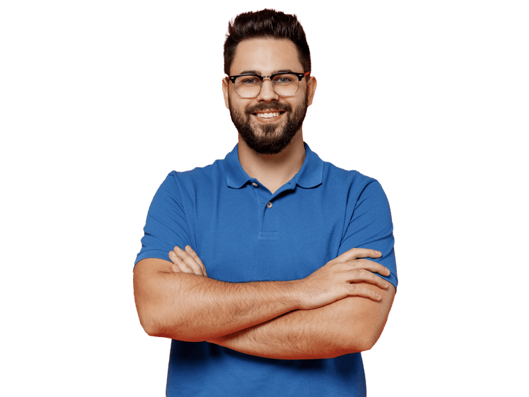 Catalan transcription Services  professional smiling crossed arms wearing a blue shirt