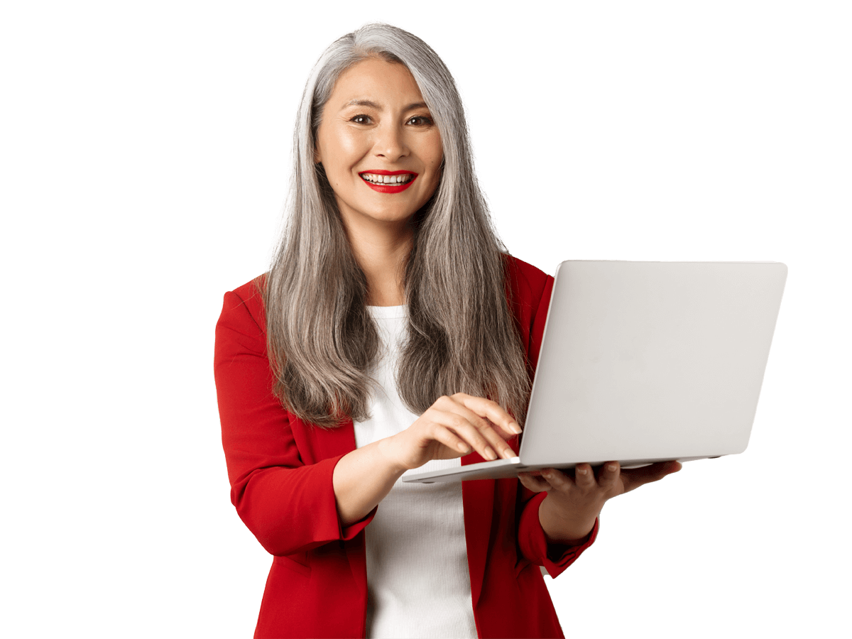 Certified Translation services expert smiling holding a laptop wearing a red jacket