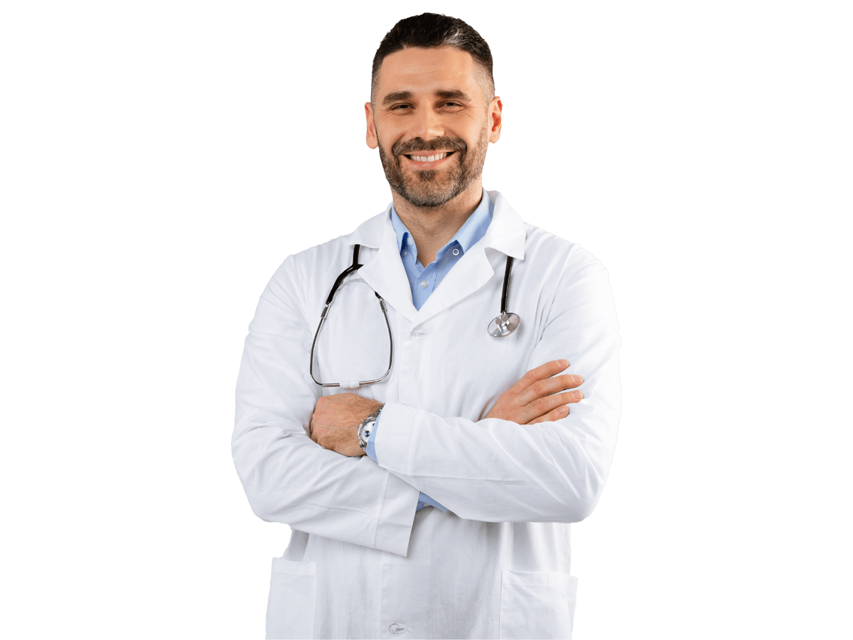 Clinical Trials translation services, Healthcare, medical staff concept. Portrait of smiling male doctor posing with folded arms