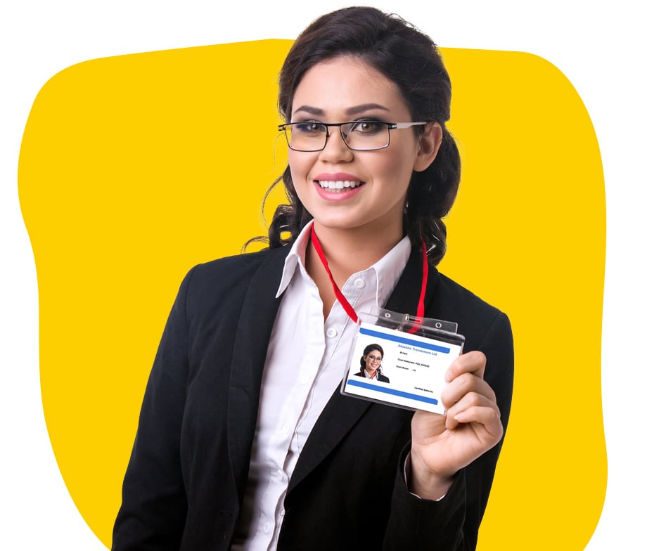 Court approved interpreter holding an ID card wearing glasses