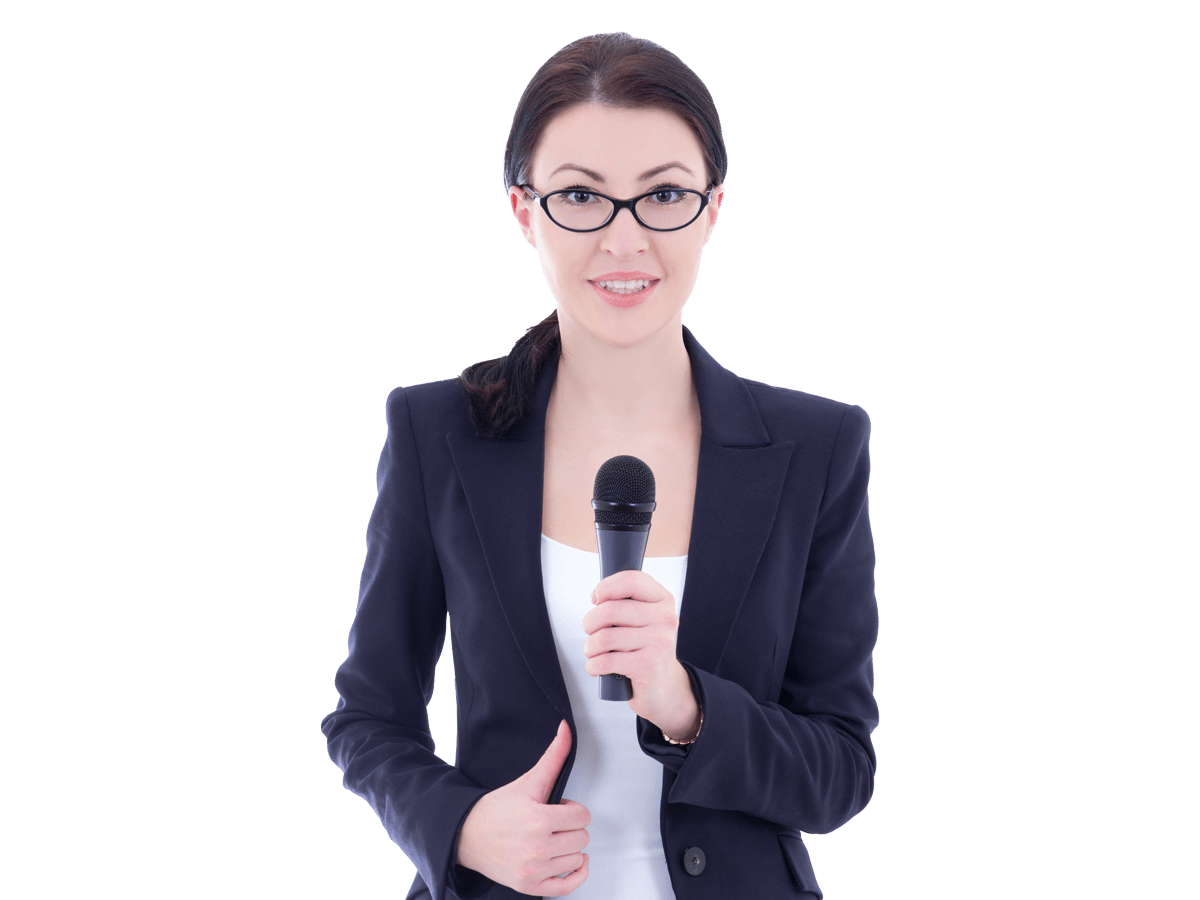 Dari interpreting services woman wearing glasses confidently holds a microphone