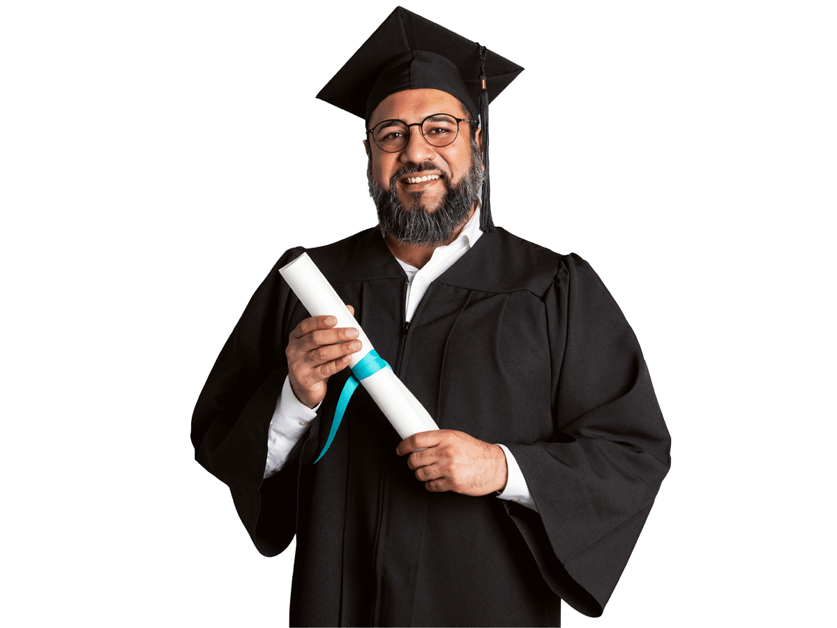 Degree translation services, Happy senior man in a graduation gown holding his master degree mockup