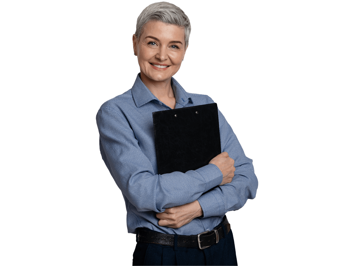 Document translation services, Experienced Middle-Aged Lady Accountant Standing Over Light Background, Panorama