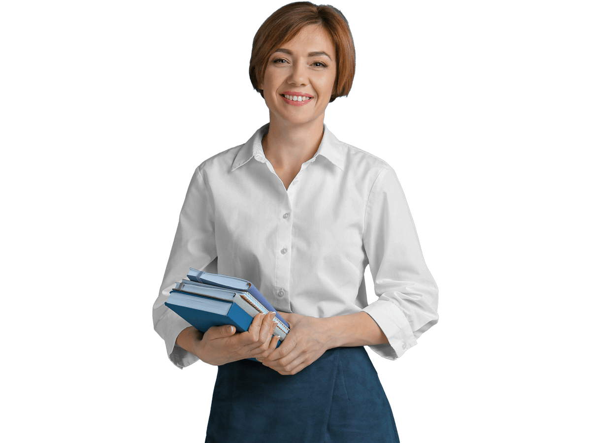 Education translation services, Portrait of female teacher with notebooks on color background