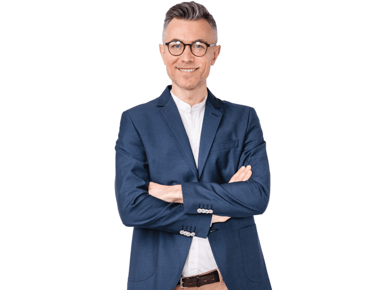 Georgian subtitling services, Confident handsome mature businessman standing with arms crossed isolated in white background