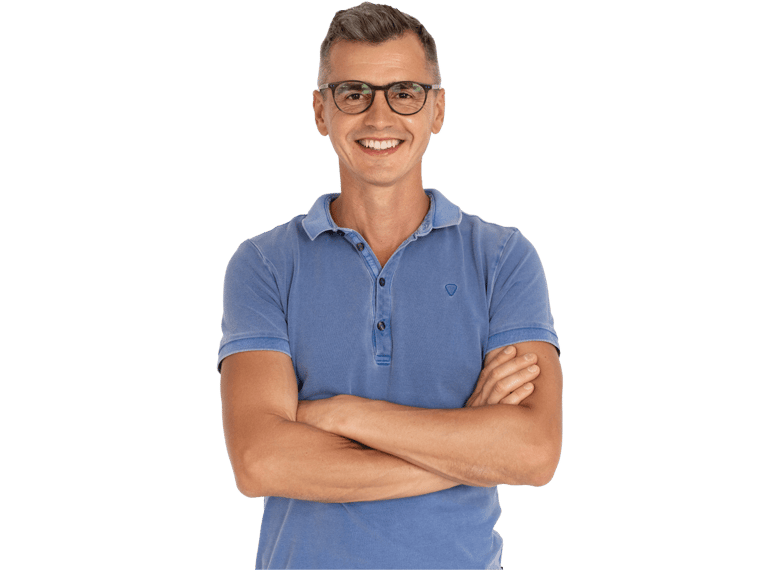 Greek proofreading services, Portrait of smiling mature man standing with folded arms. 