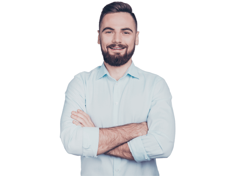 Hungarian translation services , Close up studio photo portrait of handsome attractive satisfied glad in good mood