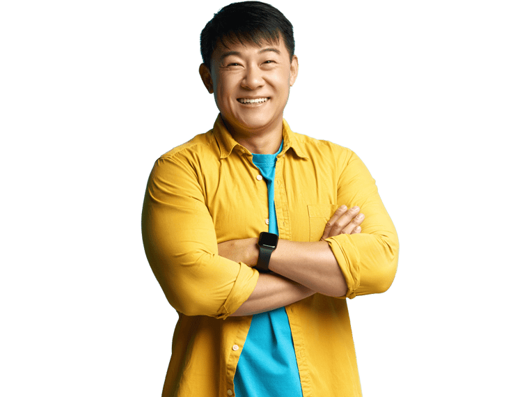 Japanese localisation services, Portrait of Happy Asian Handsome Businessman Standing in Crossed Hands and Smiling