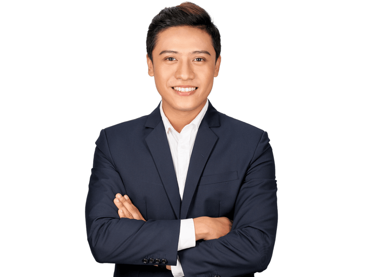 Lao proofreading services, Happy Asian young businessman standing cross-armed on white background