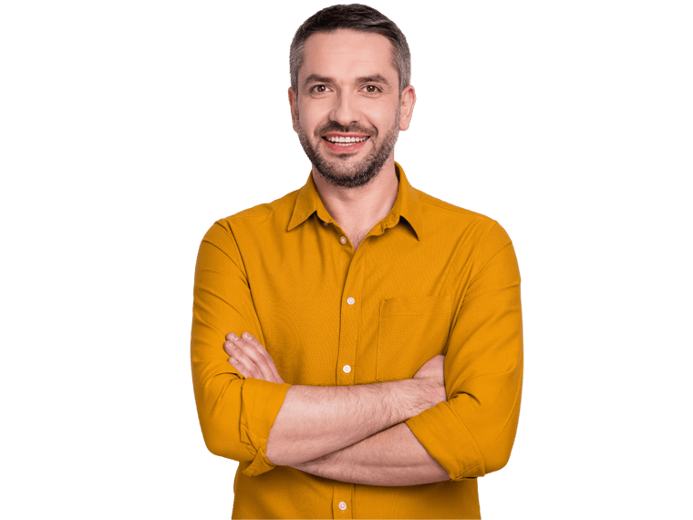 Maltese subtitling services, Portrait of content candid manager man cross hands wear stylish clothes