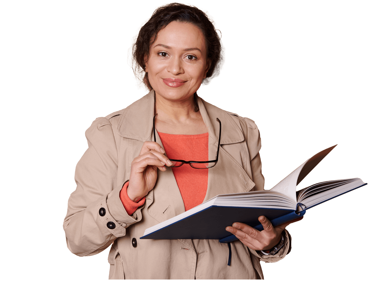 Manuals translation services, Confident positive middle-aged multi-ethnic female teacher, professor, educator, holding eyeglasses and book 