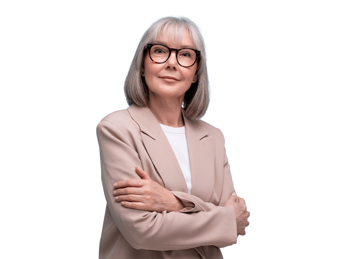 Marketing translation services woman wearing glasses and a beige jacket