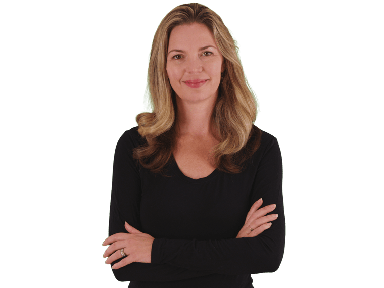 Moldovan subtitling services, Attractive blonde middle aged woman smiling with arms crossed on green screen