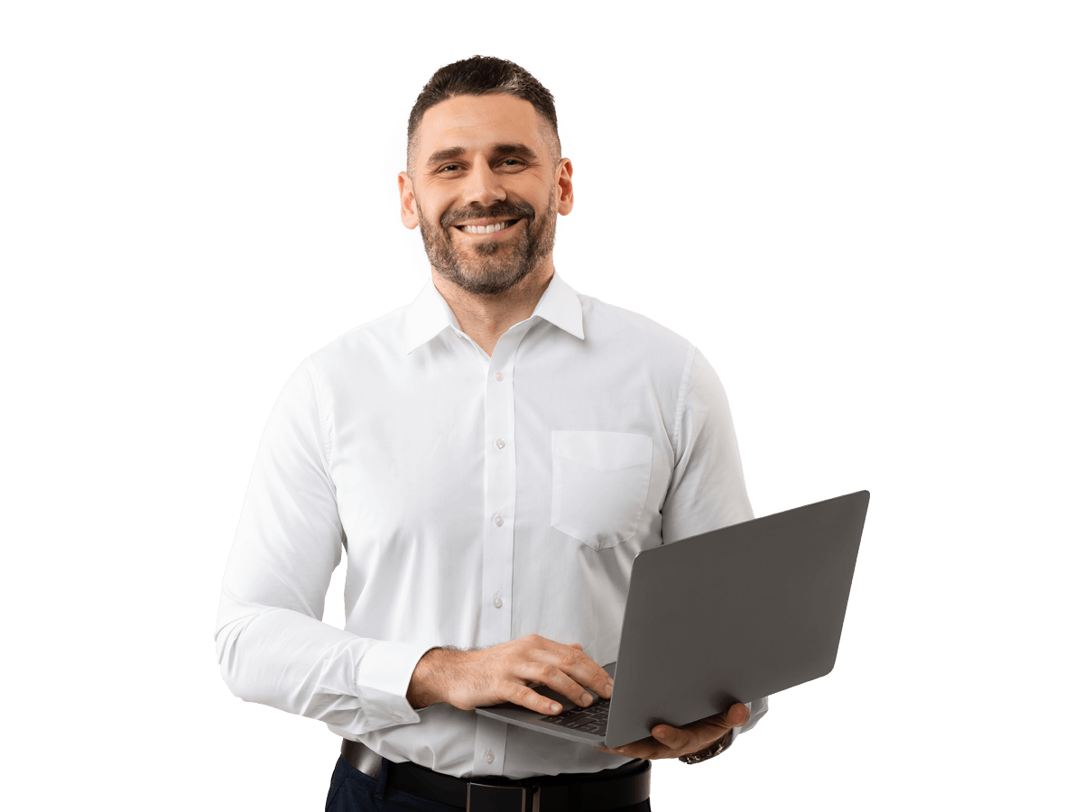 Multilingual dtp services Smiling guy holding laptop