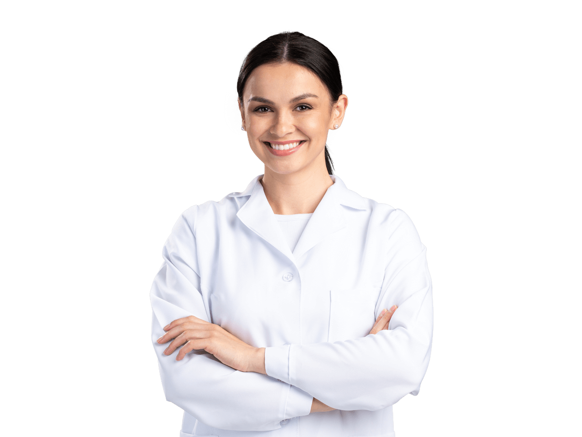 Pharmaceutical Translation Services female doctor in a white lab coat smiling warmly.