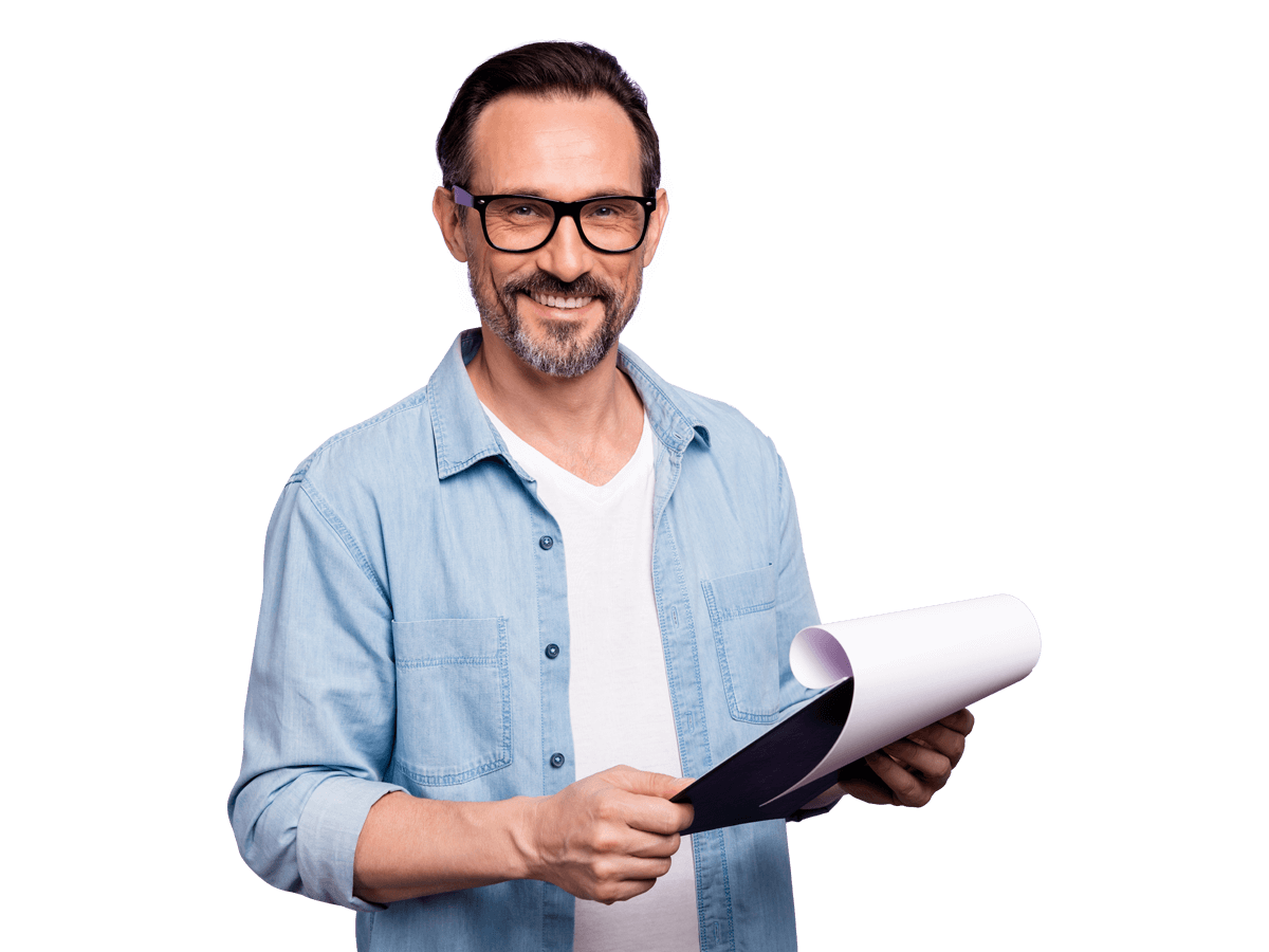 Proofreading services man wearing glasses holding a document