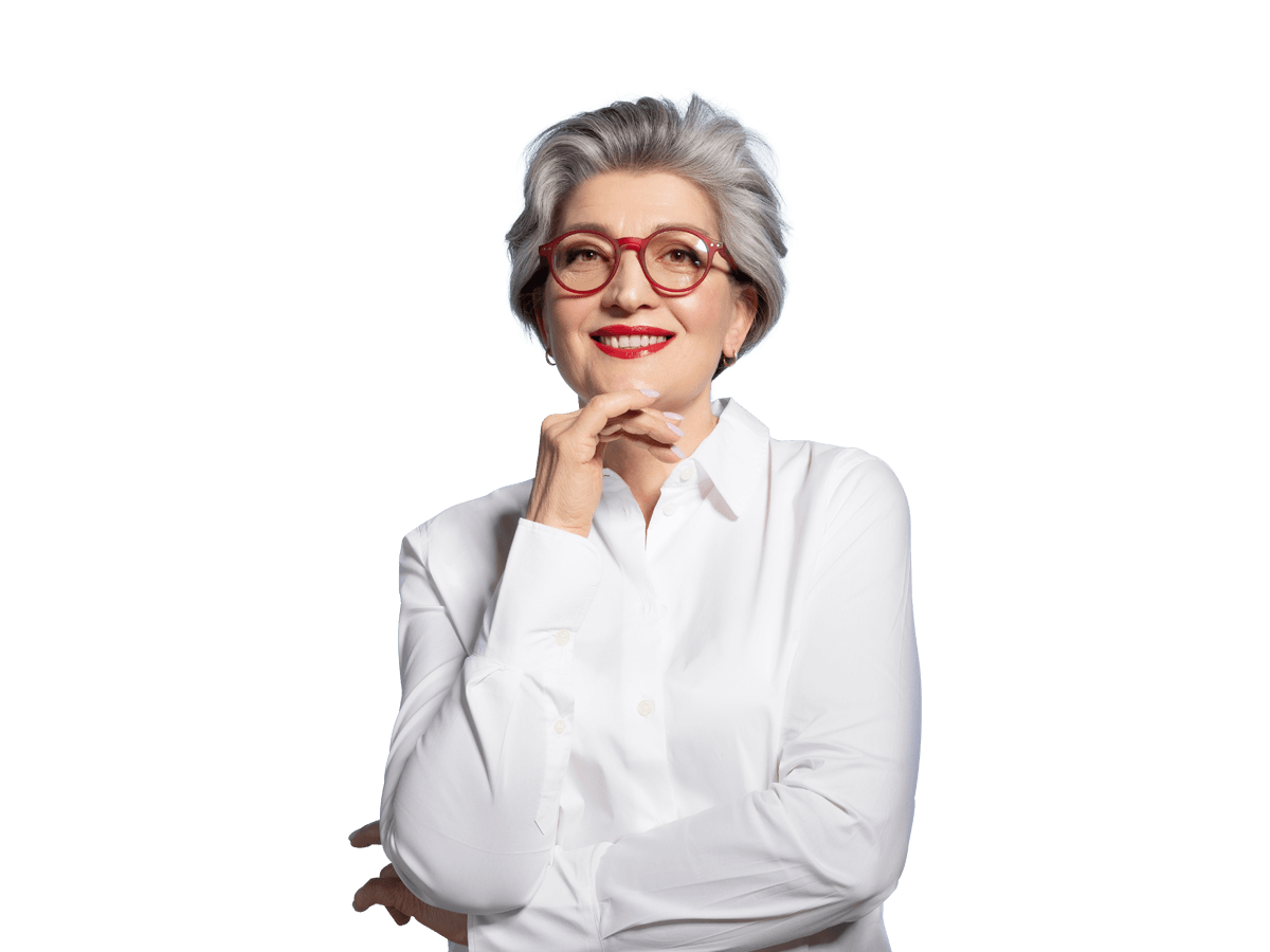 Publications translation services older woman with glasses and a white shirt