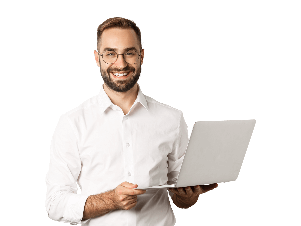 Seo translation services bearded man wearing glasses holds a laptop