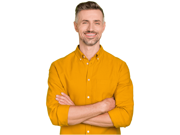Serbian proofreading services, Photo of funny grey hairdo young man crossed palms wear yellow shirt isolated on green color background