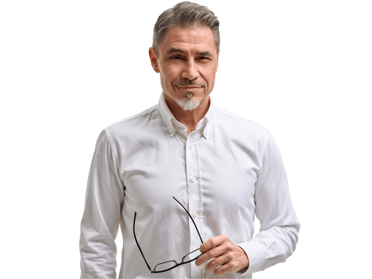 Slovene translation Expert in white polo holding his glasses