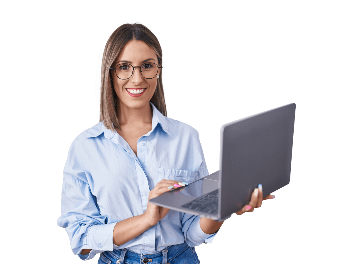 Social media translation services woman wearing glasses holds a laptop