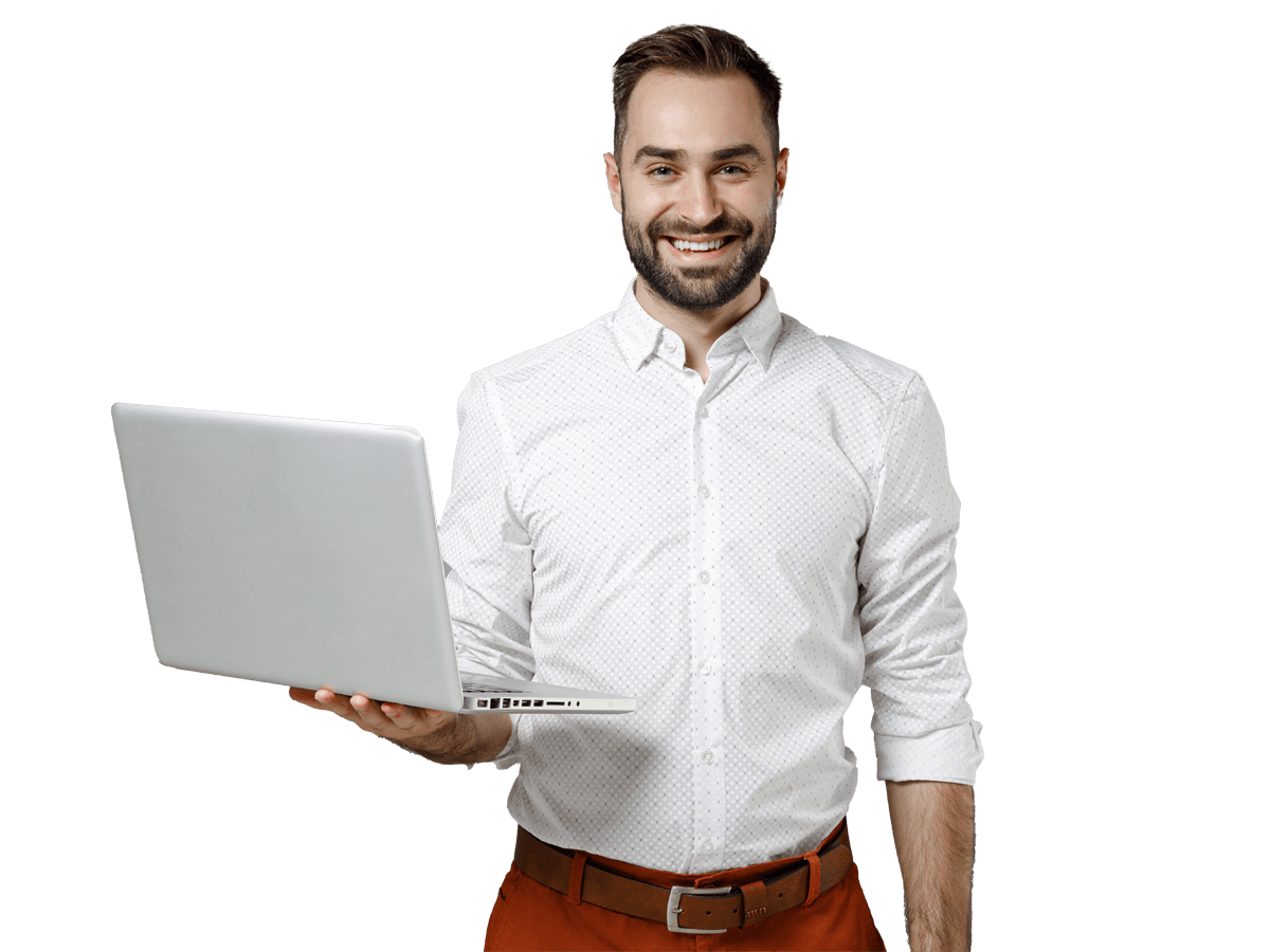 Software translation services bearded man wearing glasses holds a laptop in his hands