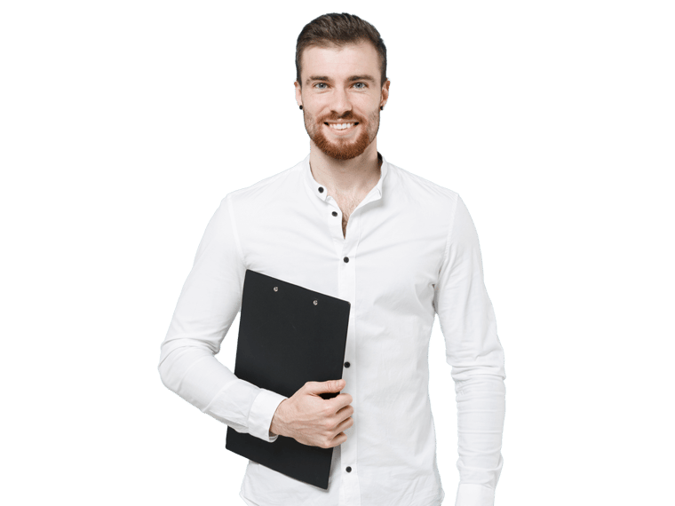 Swedish subtitling service UK professional confidently smiling holding a clip board