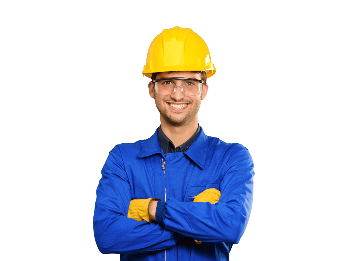 Technical translation services Smiling man in yellow hat and blue workwear