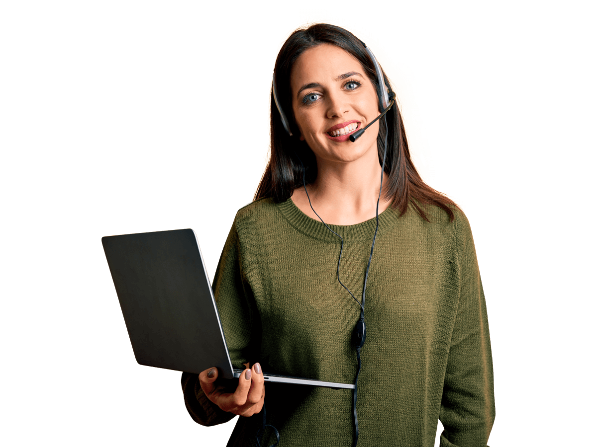 Video Interpreting Services woman wearing a headset and holding a laptop