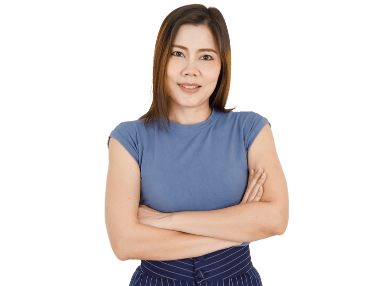 Vietnamese translation services,  Woman in blue shirt and skirt standing with arms crossed.