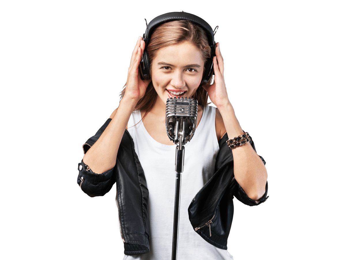 Voice over services woman smiling wearing headphones
