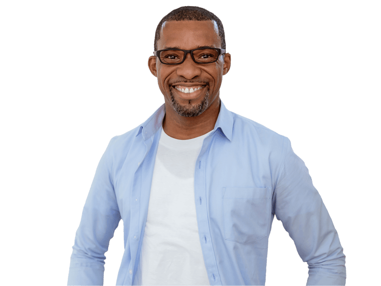 Yoruba transcription services man smiling wearing blue shirt